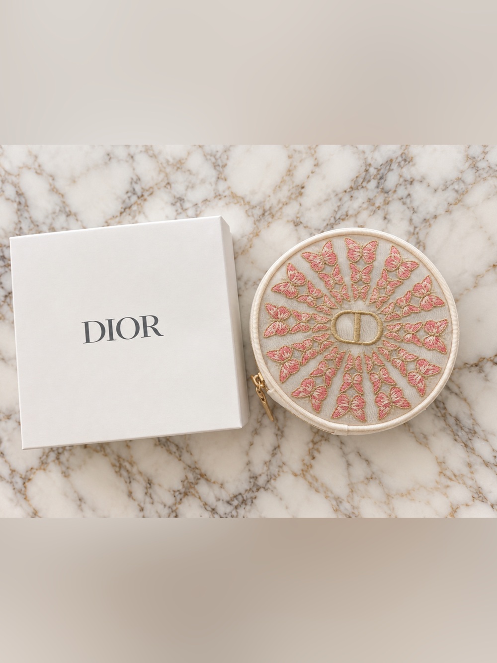 Dior Pink Butterflies Embroidered Round Leather Coin Pouch - Picture 2 of 2